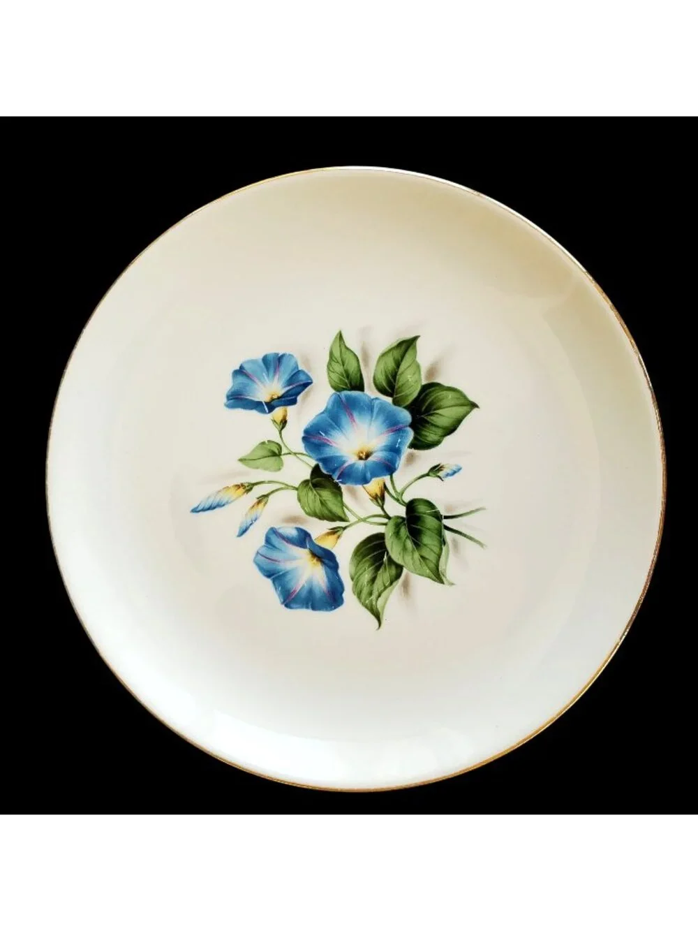 Vintage Ceramic Plate Blue Morning Glory Floral Gold Trim 8 Inch